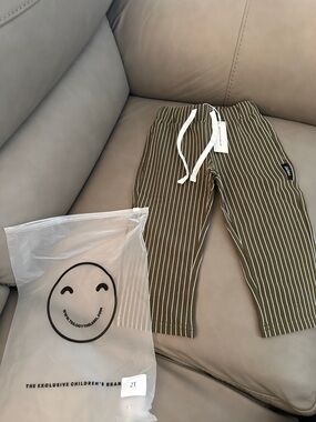 Striped Olive Green Drawstring Kids Pants